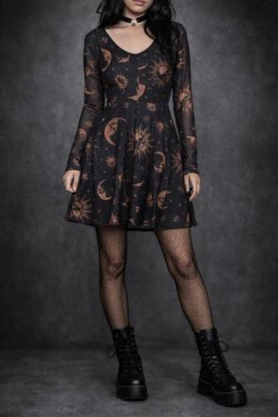 Cosmic Aura Dress Skull Celestial Mesh Sun Moon Stars Whimsigoth Black Size L